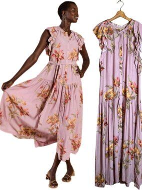 Sundance Living Tierra Floral Midi Dress Women Large Purple Flowy Button Up Boho